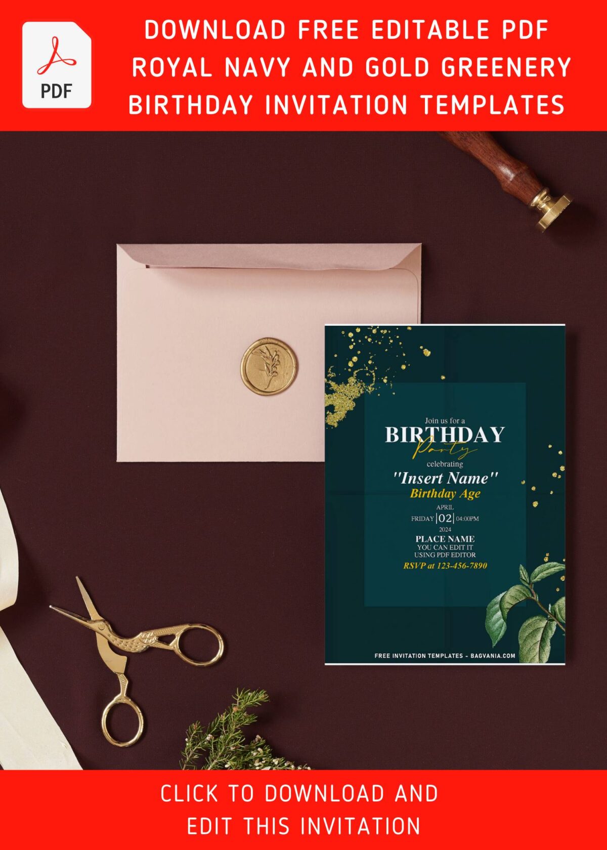 (Free Editable PDF) Royal Navy And Gold Greenery Invitation Templates with portrait orientation design
