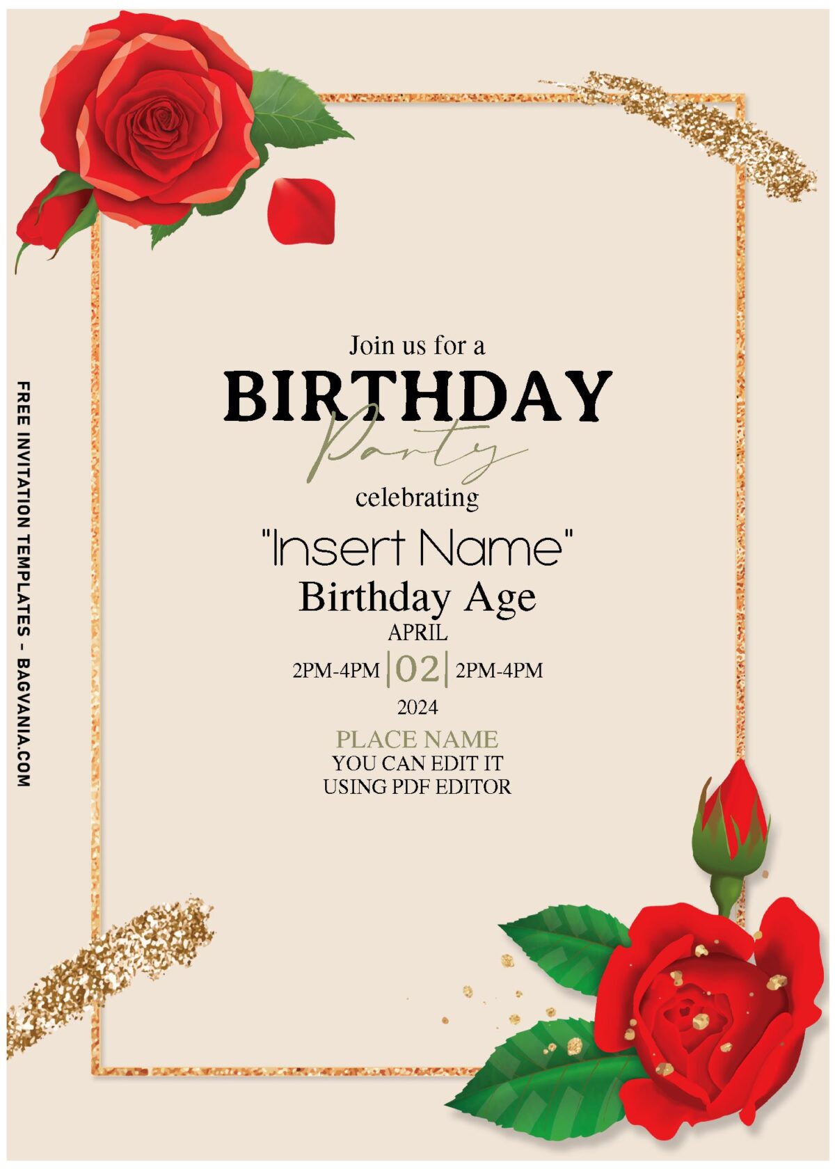 (Free Editable PDF) Natural Beauty Floral And Gold Birthday Invitation Templates with elegant script