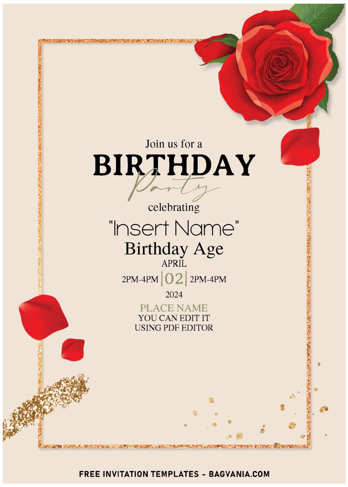 (Free Editable PDF) Natural Beauty Floral And Gold Birthday Invitation Templates with glitter gold frame