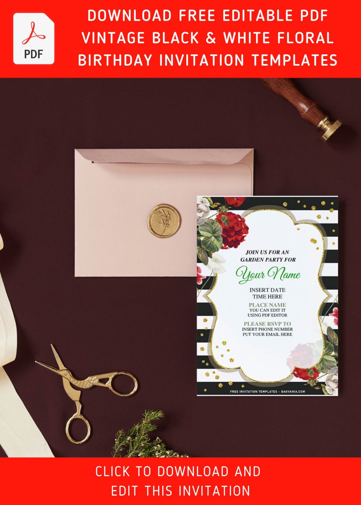 (Free Editable PDF) Luxury Seamless Vintage Black & White Floral Invitation Templates with blush watercolor camellia