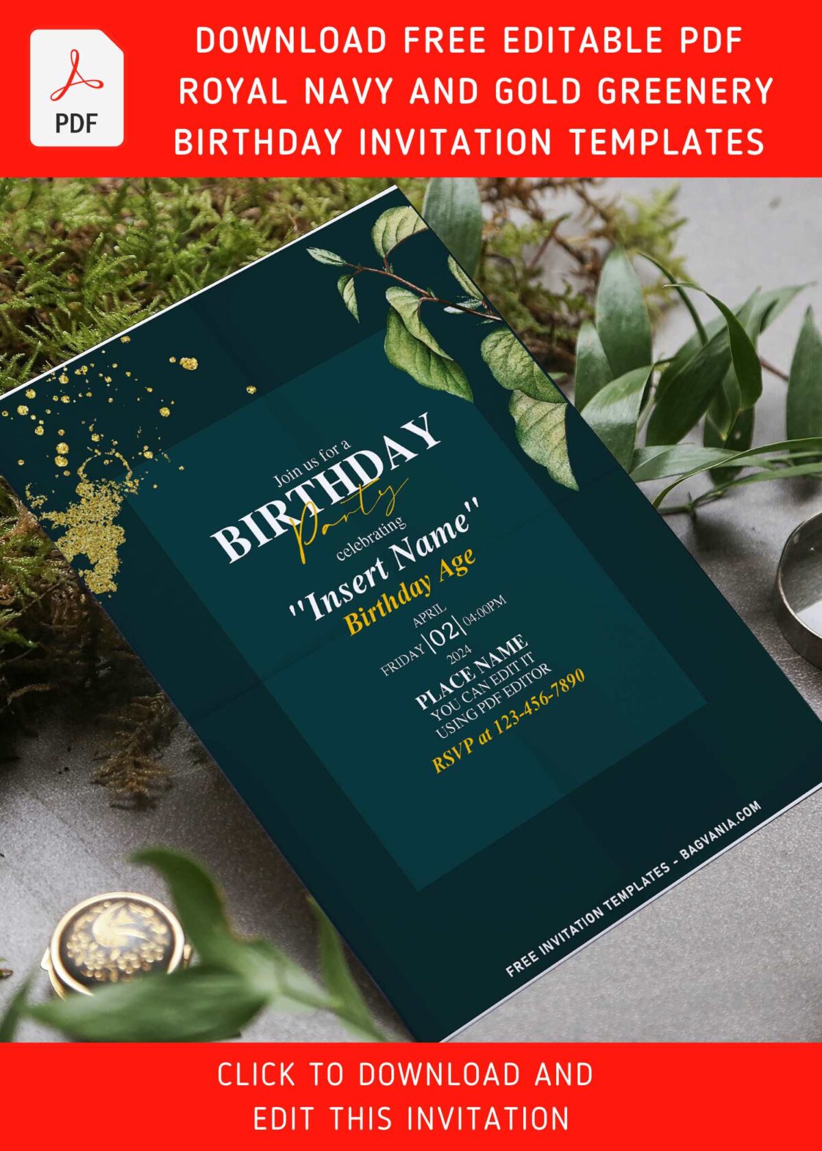(Free Editable PDF) Royal Navy And Gold Greenery Invitation Templates with dried foliage