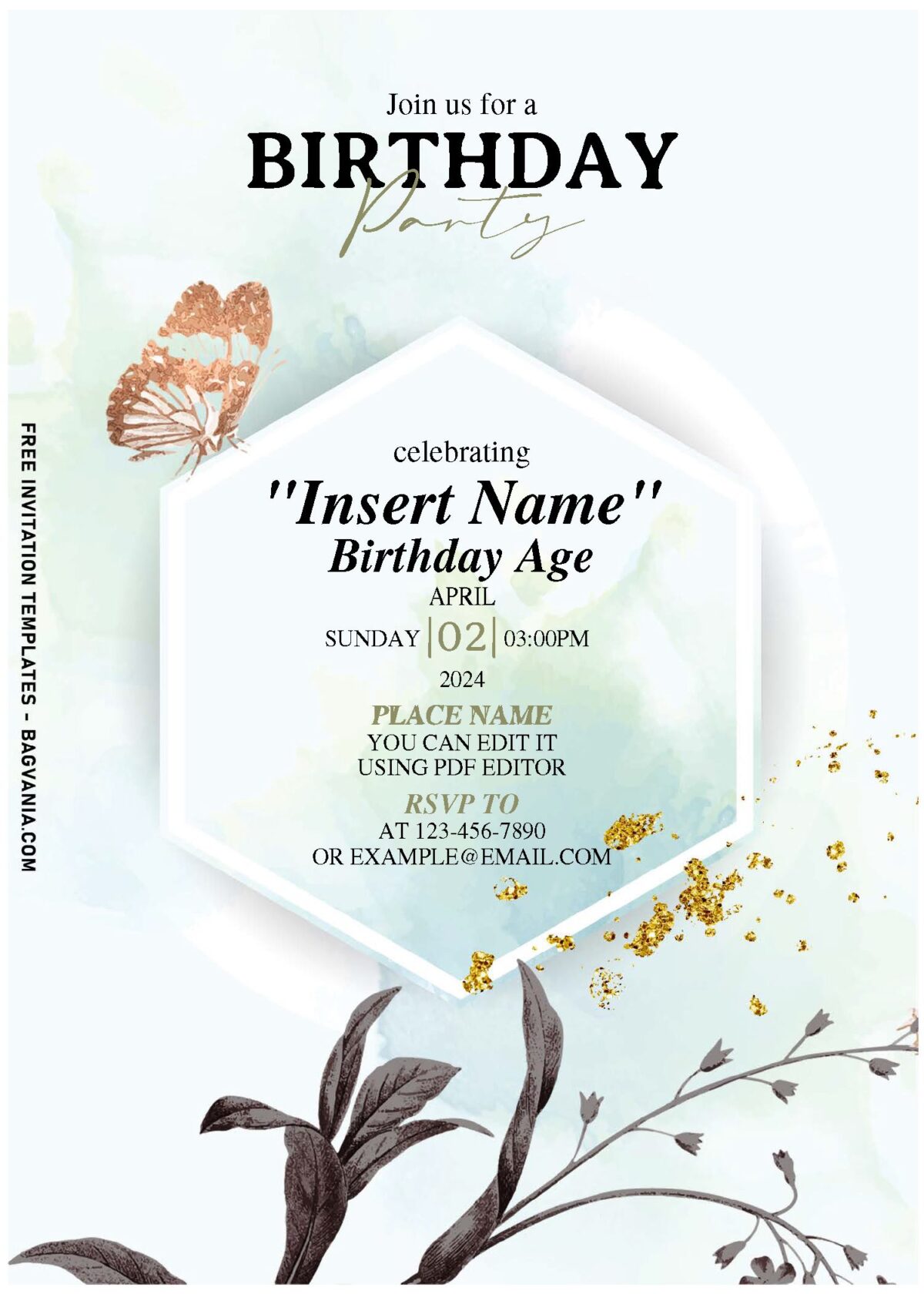 (Free Editable PDF) Magical Garden Full Of Blooms Birthday Invitation Templates with gold butterfly
