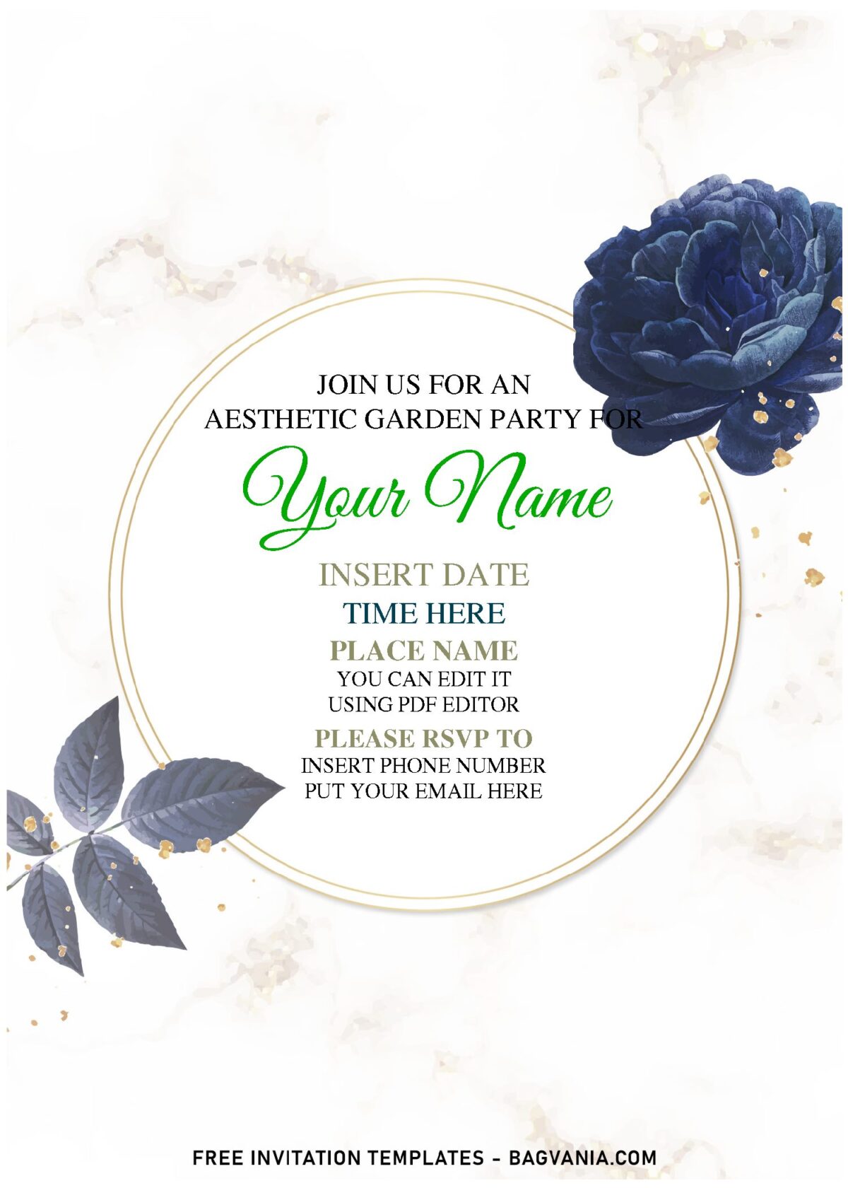 (Free Editable PDF) Dusty Marble Camellia And Miller Birthday Invitation Templates with blue foliage