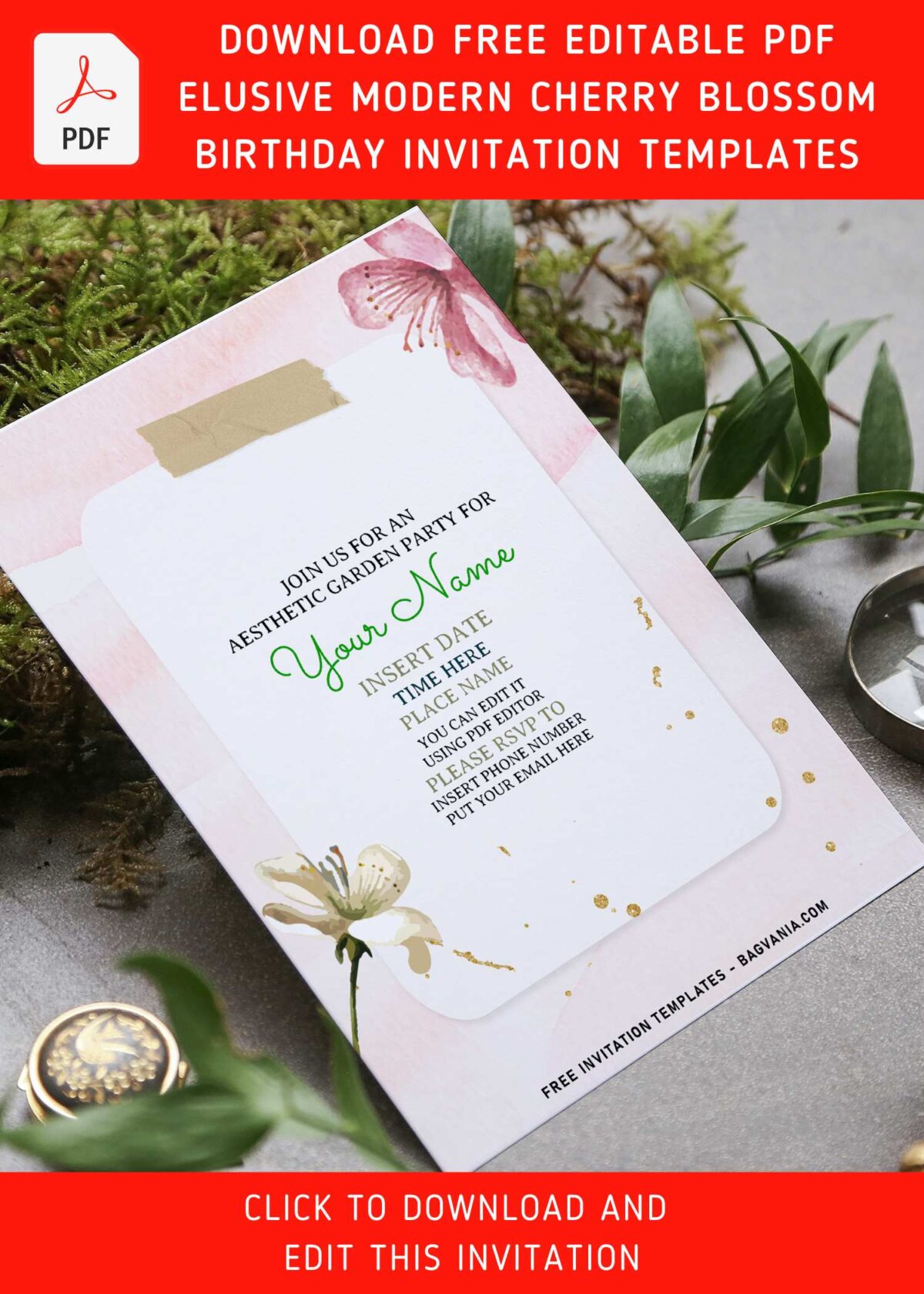 (Free Editable PDF) Elusive Modern Gold And Floral Sakura Invitation Templates with pink duct tape