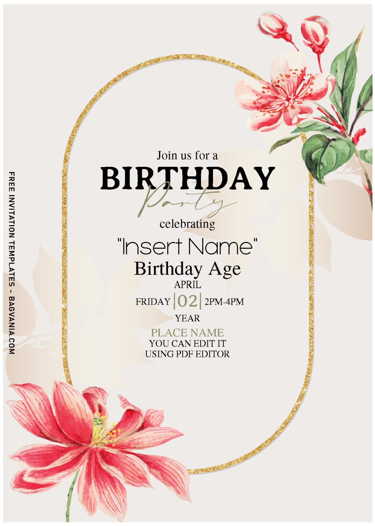 (Free Editable PDF) Gold Frame And Floral Blooms Invitation Templates with elegant script