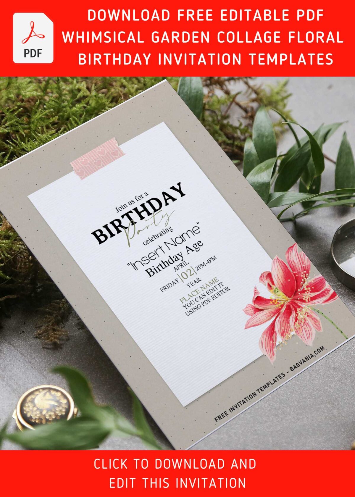 (Free Editable PDF) Dreamy Garden Lily And Tulip Birthday Invitation Templates with portrait orientation design