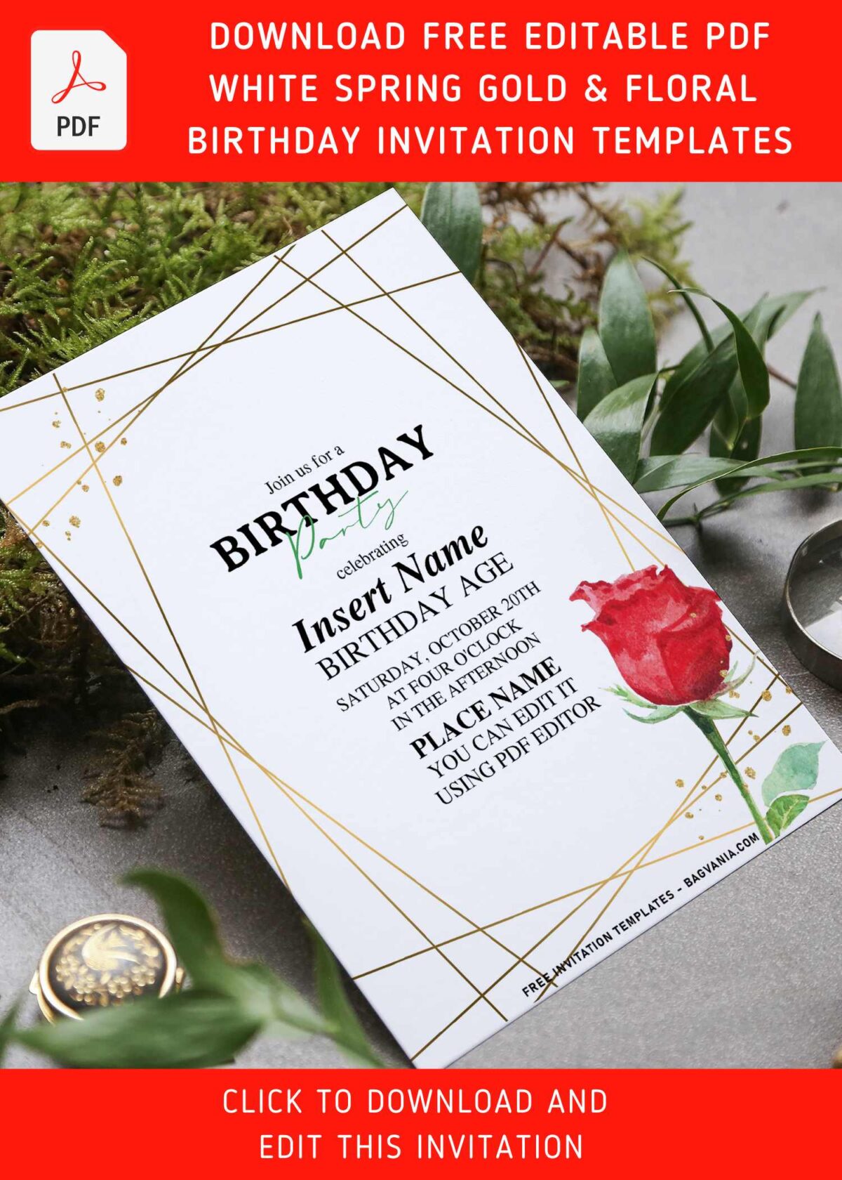 (Free Editable PDF) Extravaganza Gold Geometric And Flower Invitation Templates with red floral