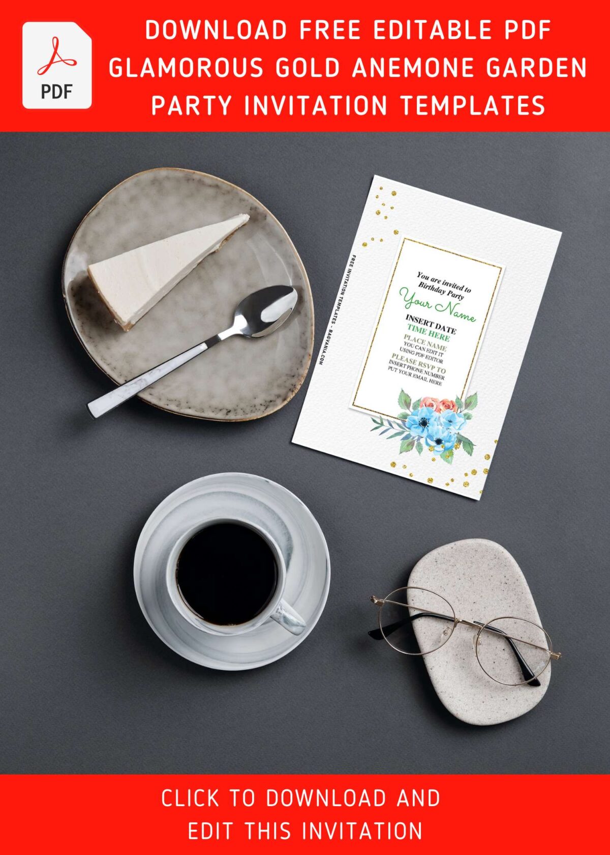 (Free Editable PDF) Glamorous Dusty Pink And Blue Anemone Birthday Invitation Templates with minimalist gold frame