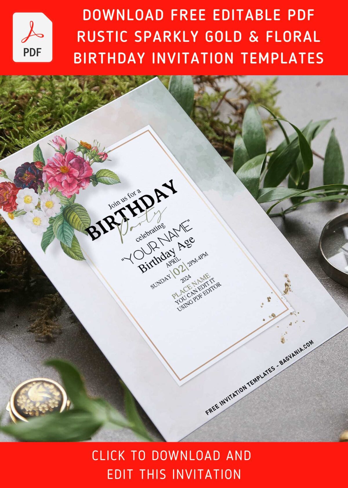 (Free Editable PDF) Dusty Bright And Moody Garden Rose Birthday Invitation Templates with white jasmine flower