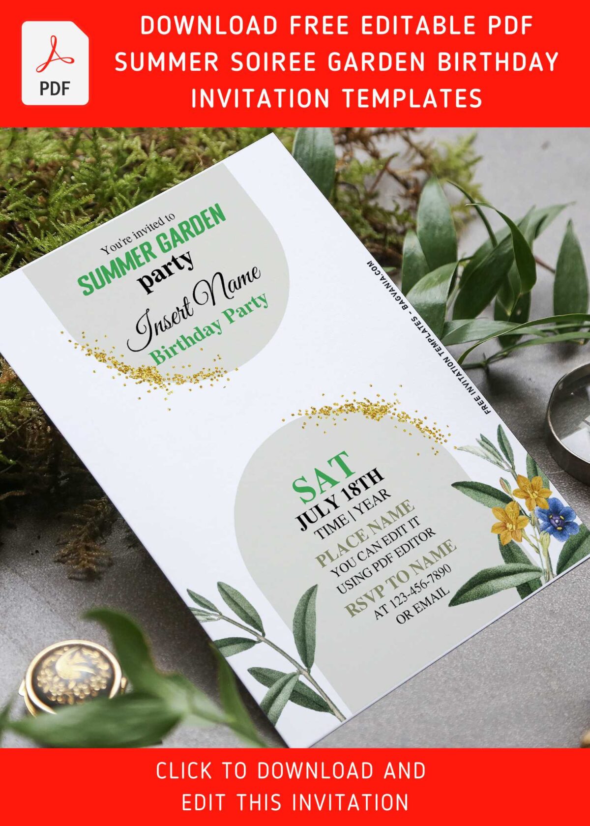 (Free Editable PDF) Lively Garden Soiree Birthday Invitation Templates with tropical summer greenery and floral decorations