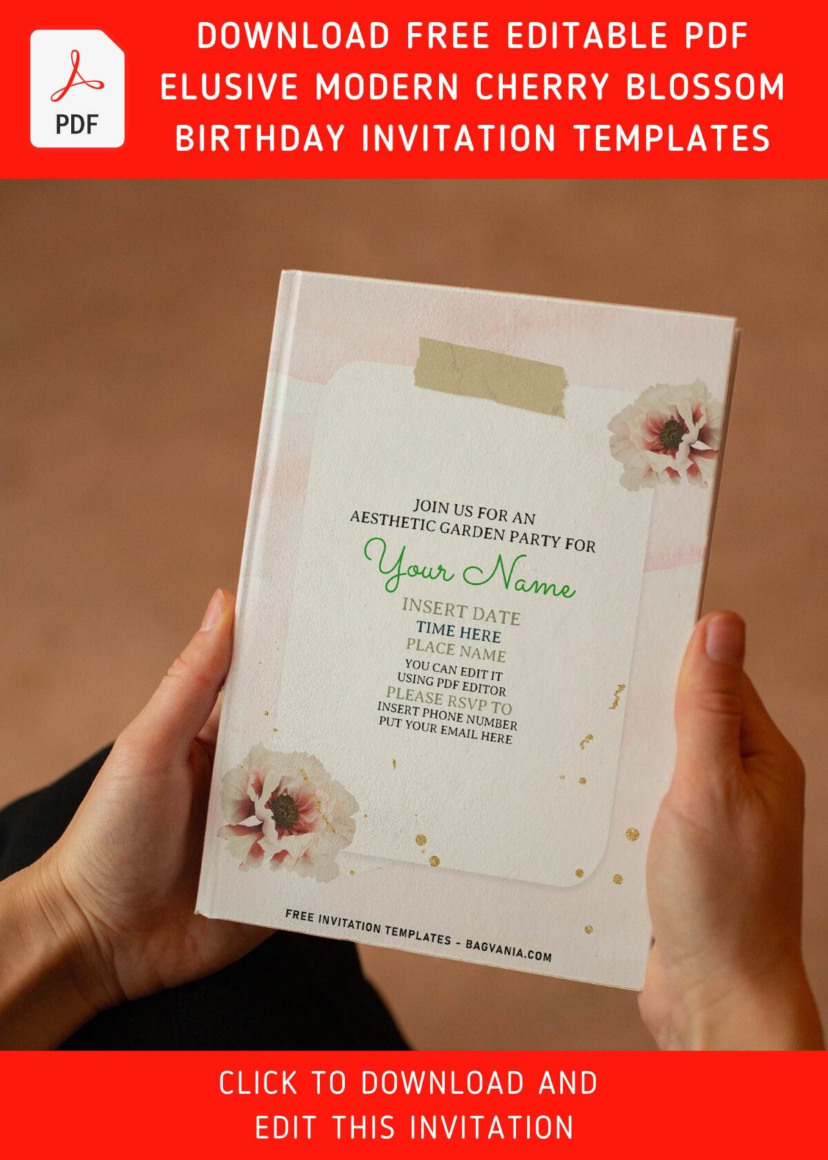 (Free Editable PDF) Elusive Modern Gold And Floral Sakura Invitation Templates with rustic blush background
