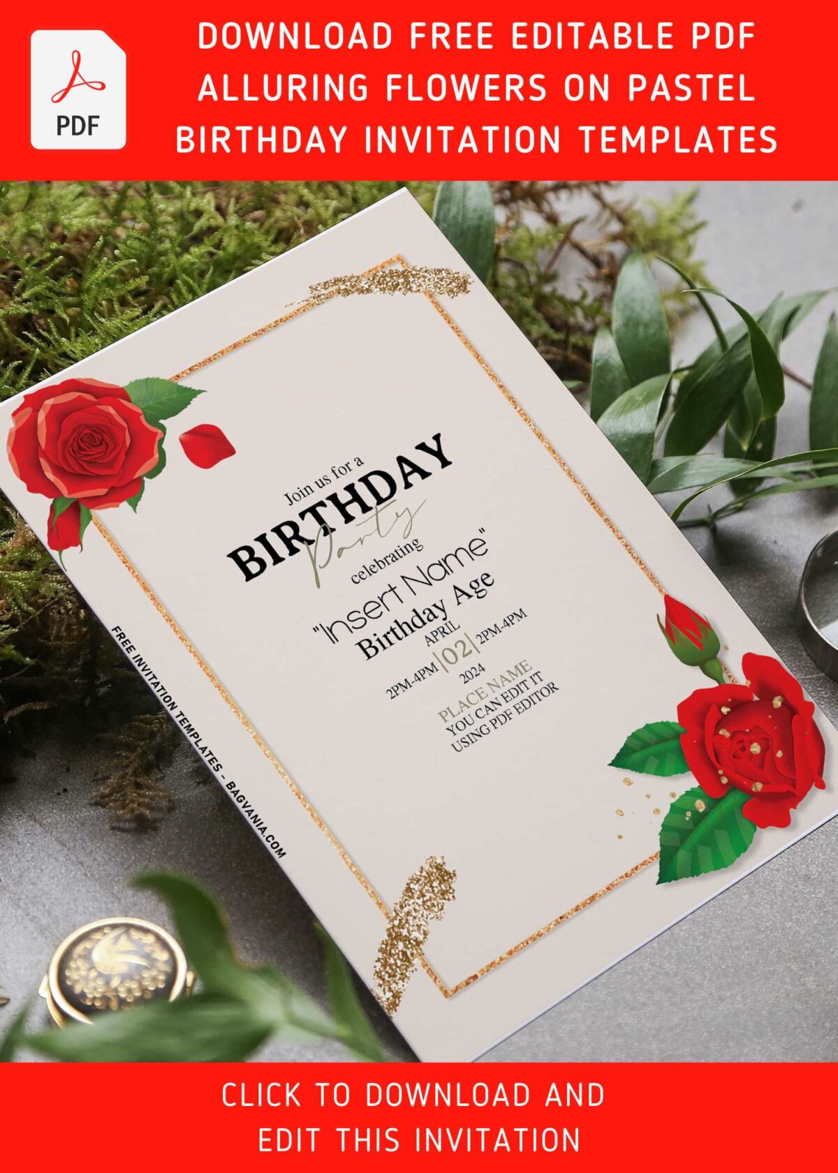 (Free Editable PDF) Natural Beauty Floral And Gold Birthday Invitation Templates with red rose