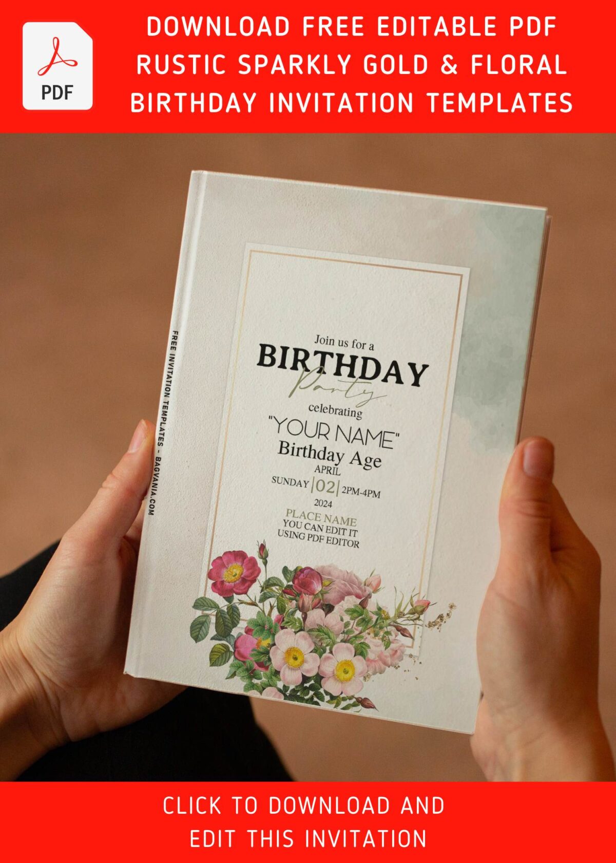 (Free Editable PDF) Dusty Bright And Moody Garden Rose Birthday Invitation Templates with bright red poppy