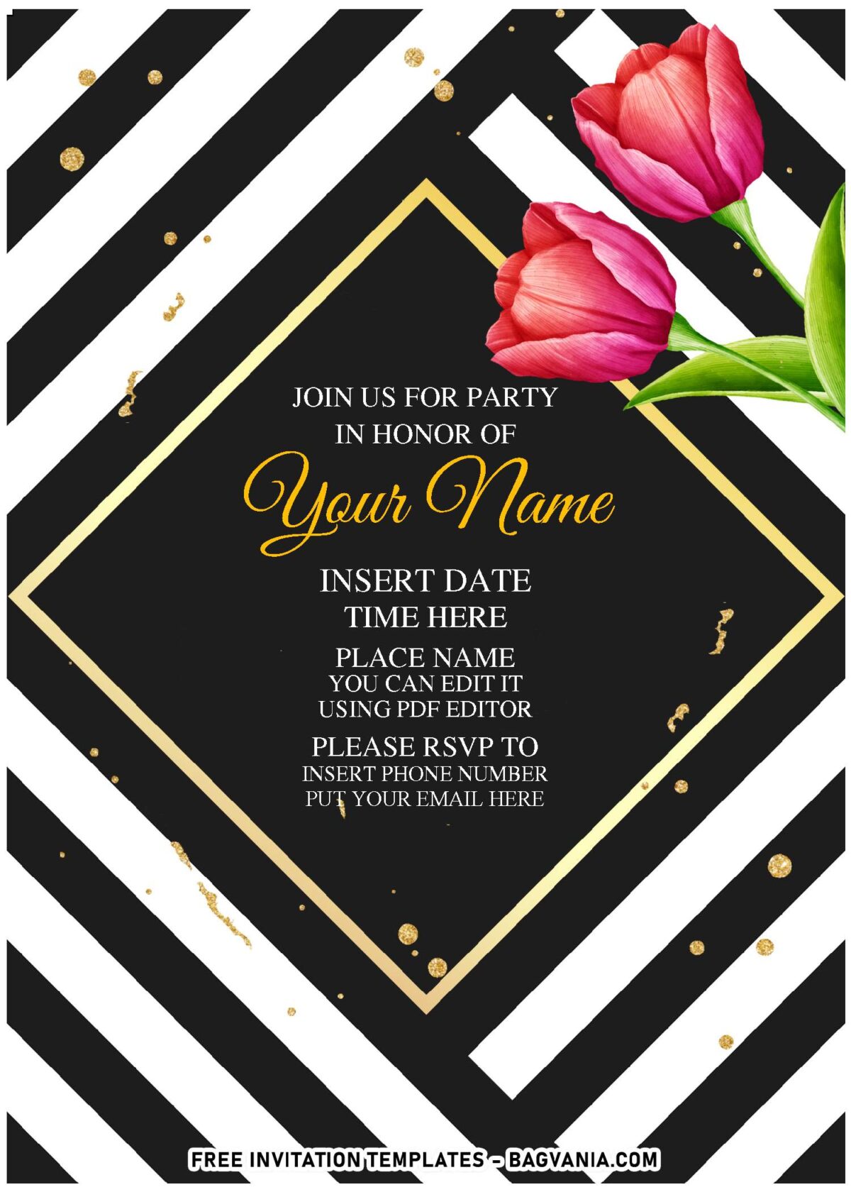 (Free Editable PDF) Classic Palette Black And White Floral Invitation Templates with sparkly gold glitters