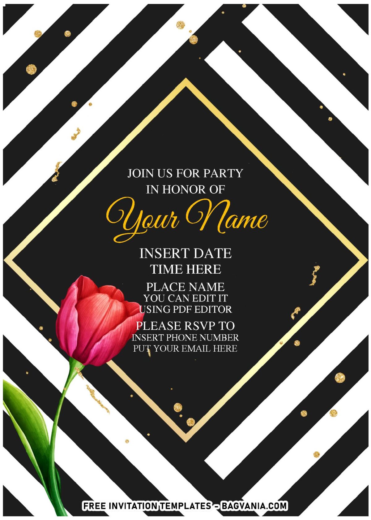 (Free Editable PDF) Classic Palette Black And White Floral Invitation Templates with patterned black and white background