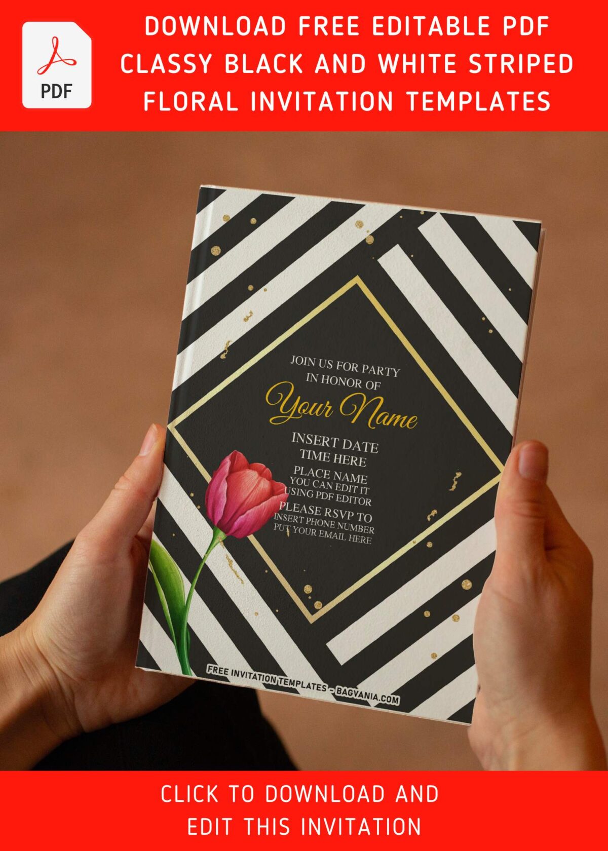 (Free Editable PDF) Classic Palette Black And White Floral Invitation Templates with enchanting gold rhombus shaped frame