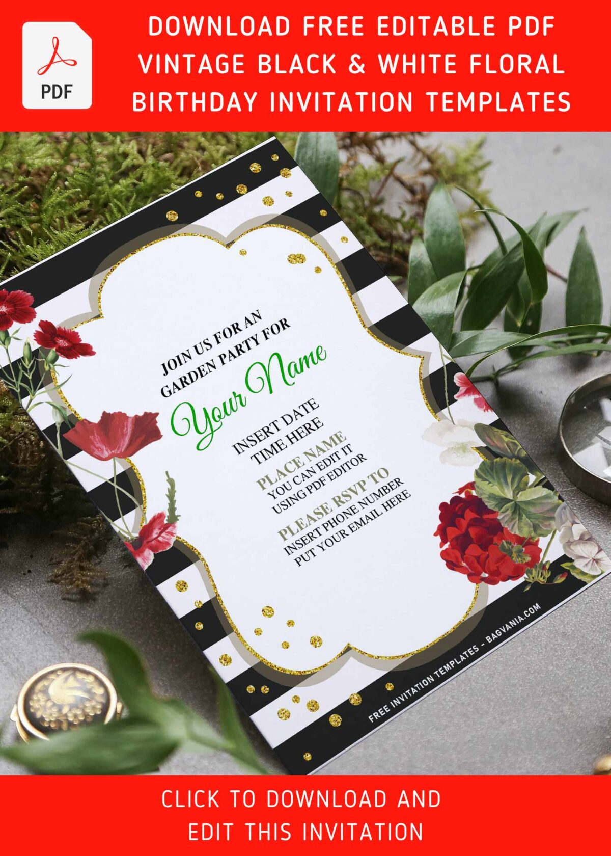 (Free Editable PDF) Luxury Seamless Vintage Black & White Floral Invitation Templates with classy bracket text frame