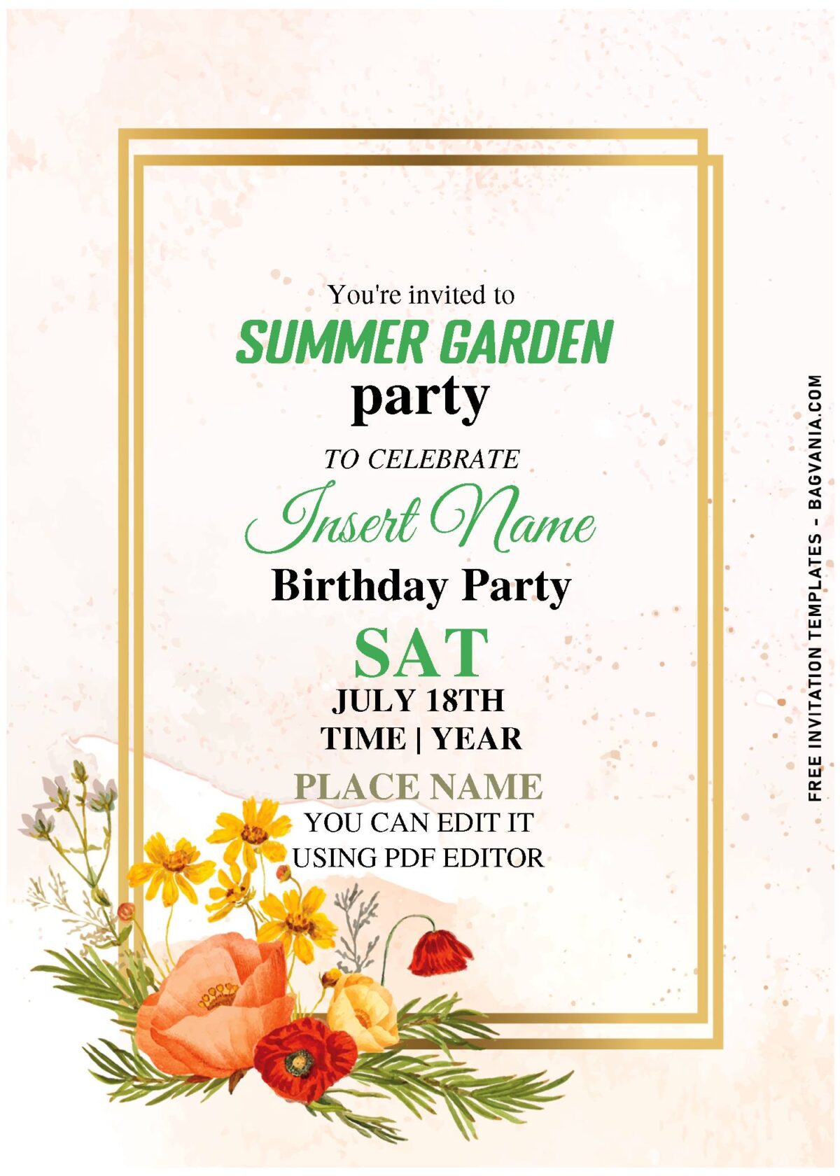 (Free Editable PDF) Vintage Gold And Watercolor Spring Flower Birthday Invitation Templates with yellow sunflower