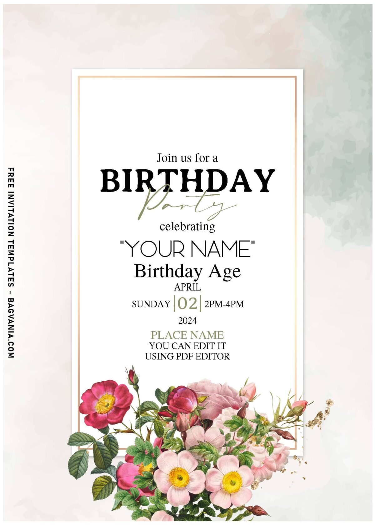 (Free Editable PDF) Dusty Bright And Moody Garden Rose Birthday Invitation Templates with ombre watercolor background