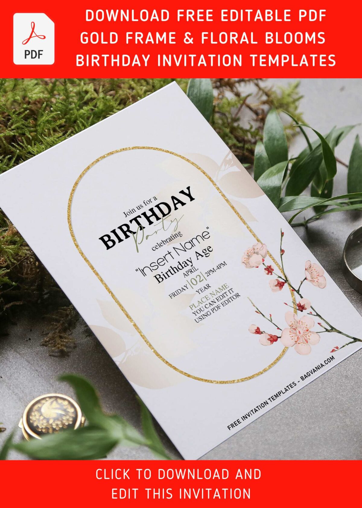 (Free Editable PDF) Gold Frame And Floral Blooms Invitation Templates with beautiful white cosmos