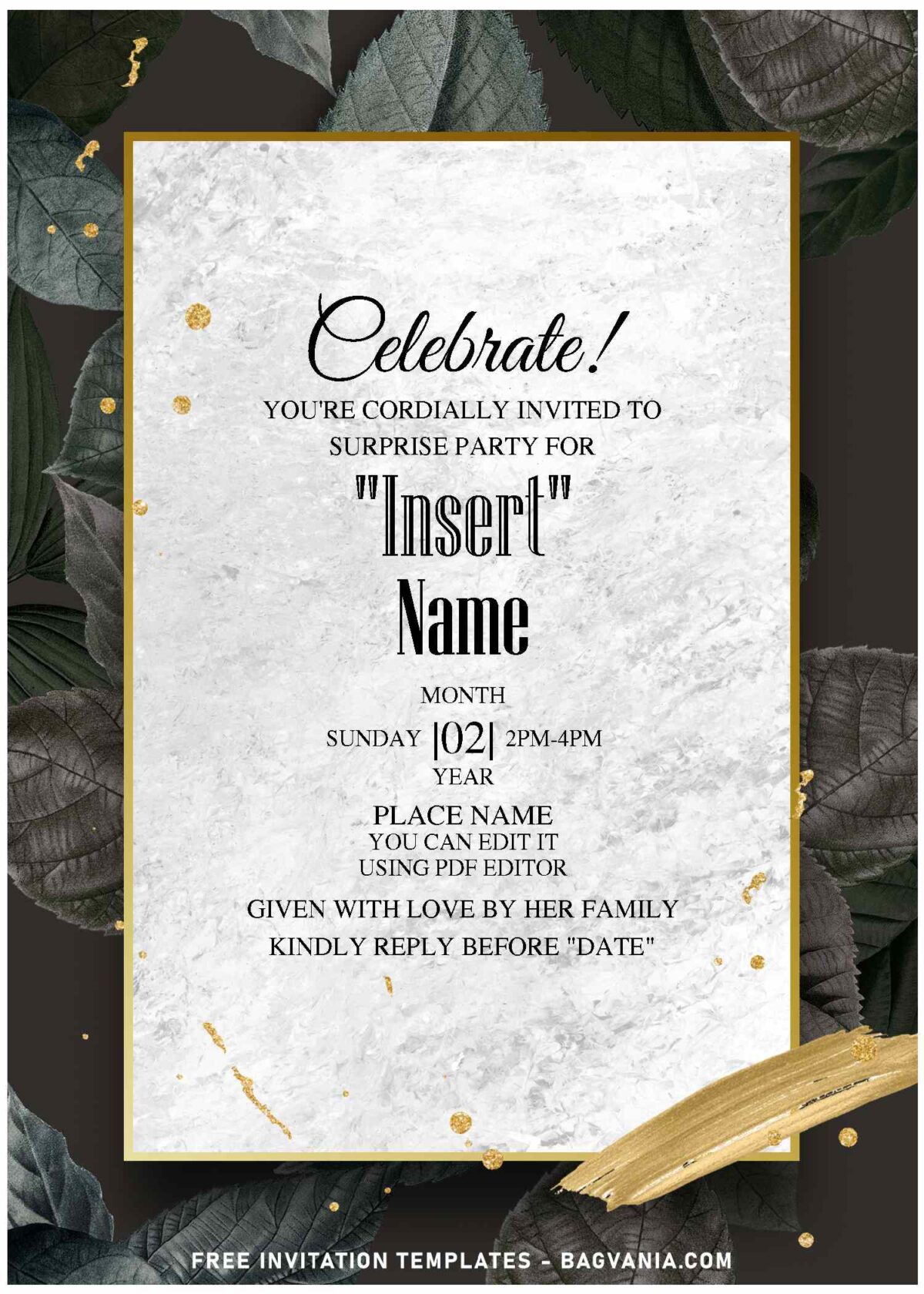 (Free Editable PDF) Glamorous Moody Summer Greenery & Floral Invitation Templates with aesthetic gold brushstrokes