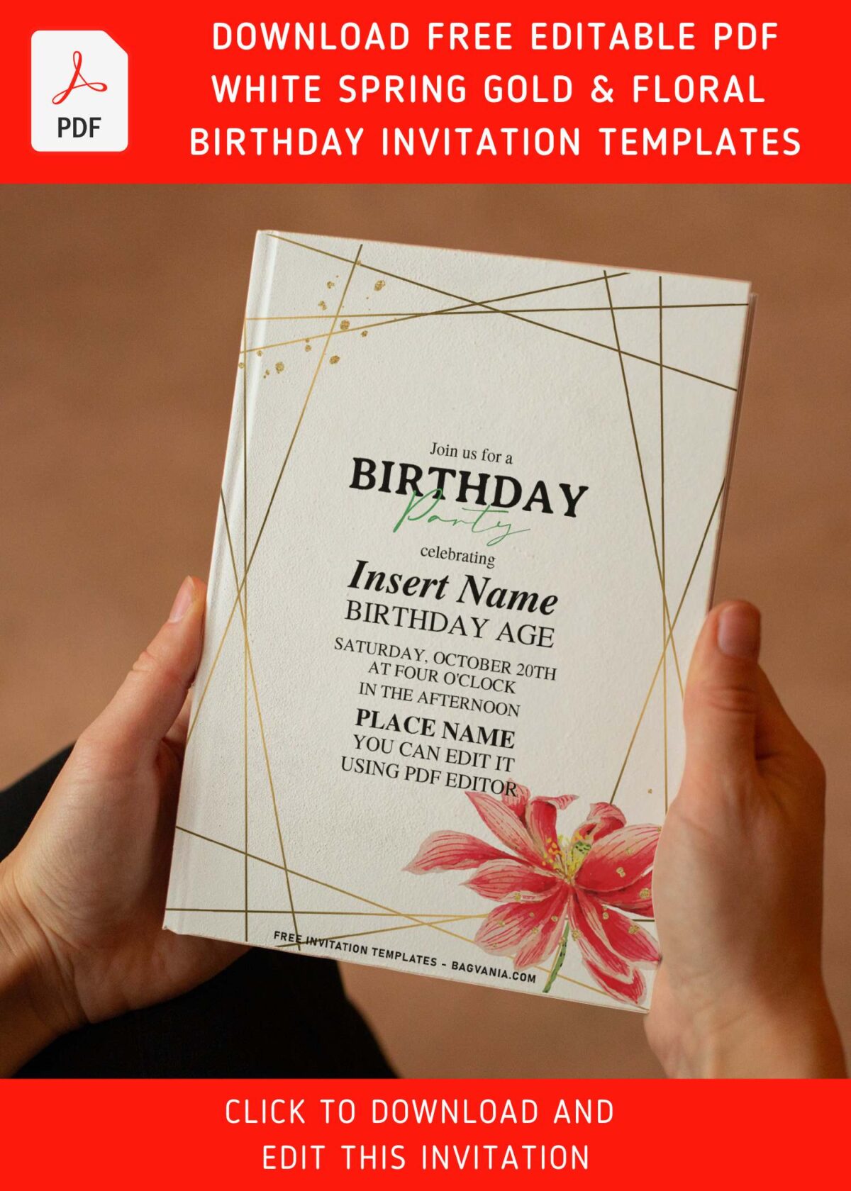 (Free Editable PDF) Extravaganza Gold Geometric And Flower Invitation Templates with editable text