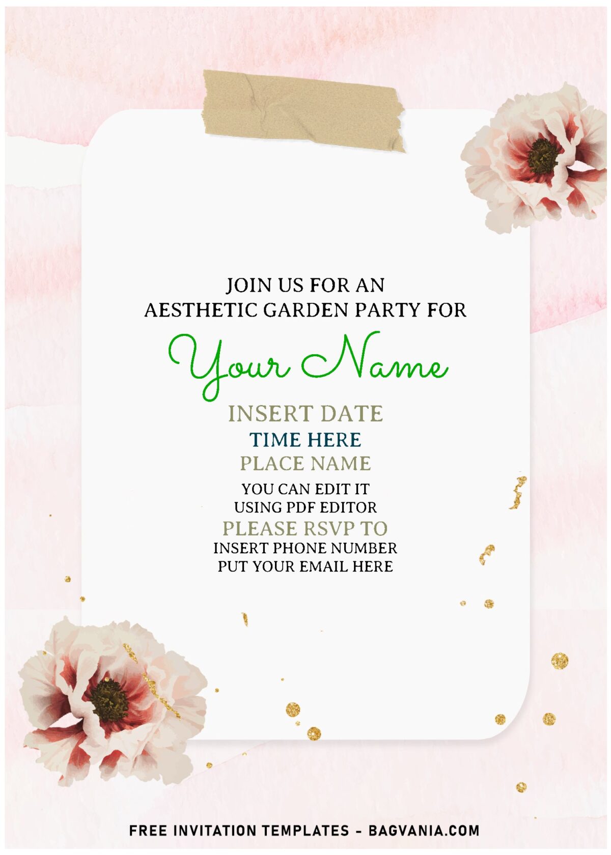 (Free Editable PDF) Elusive Modern Gold And Floral Sakura Invitation Templates with Blush watercolor Cherry Blossom