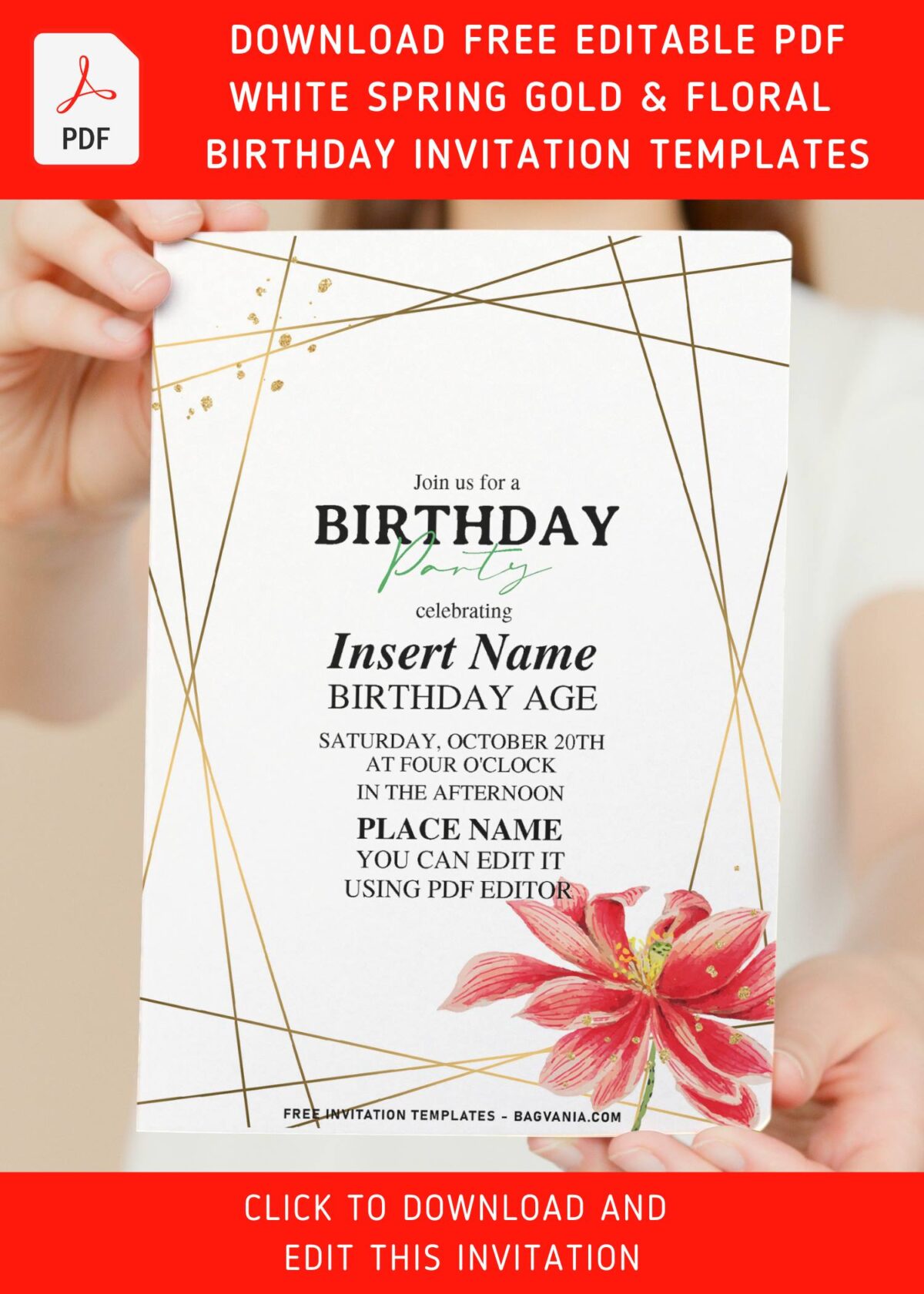 (Free Editable PDF) Extravaganza Gold Geometric And Flower Invitation Templates with simple white background