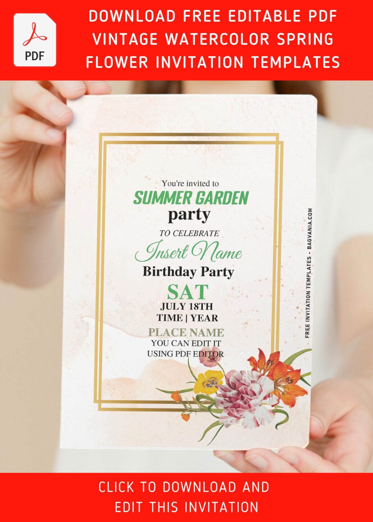 (Free Editable PDF) Vintage Gold And Watercolor Spring Flower Birthday Invitation Templates with gold frame