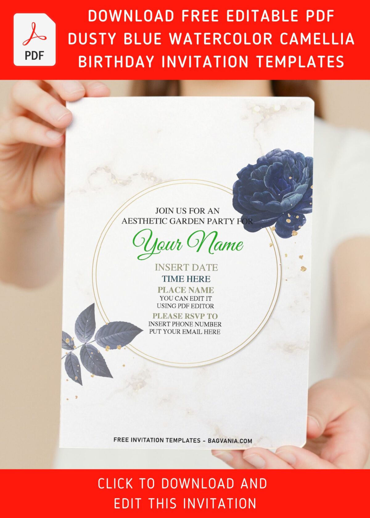 (Free Editable PDF) Dusty Marble Camellia And Miller Birthday Invitation Templates with editable text