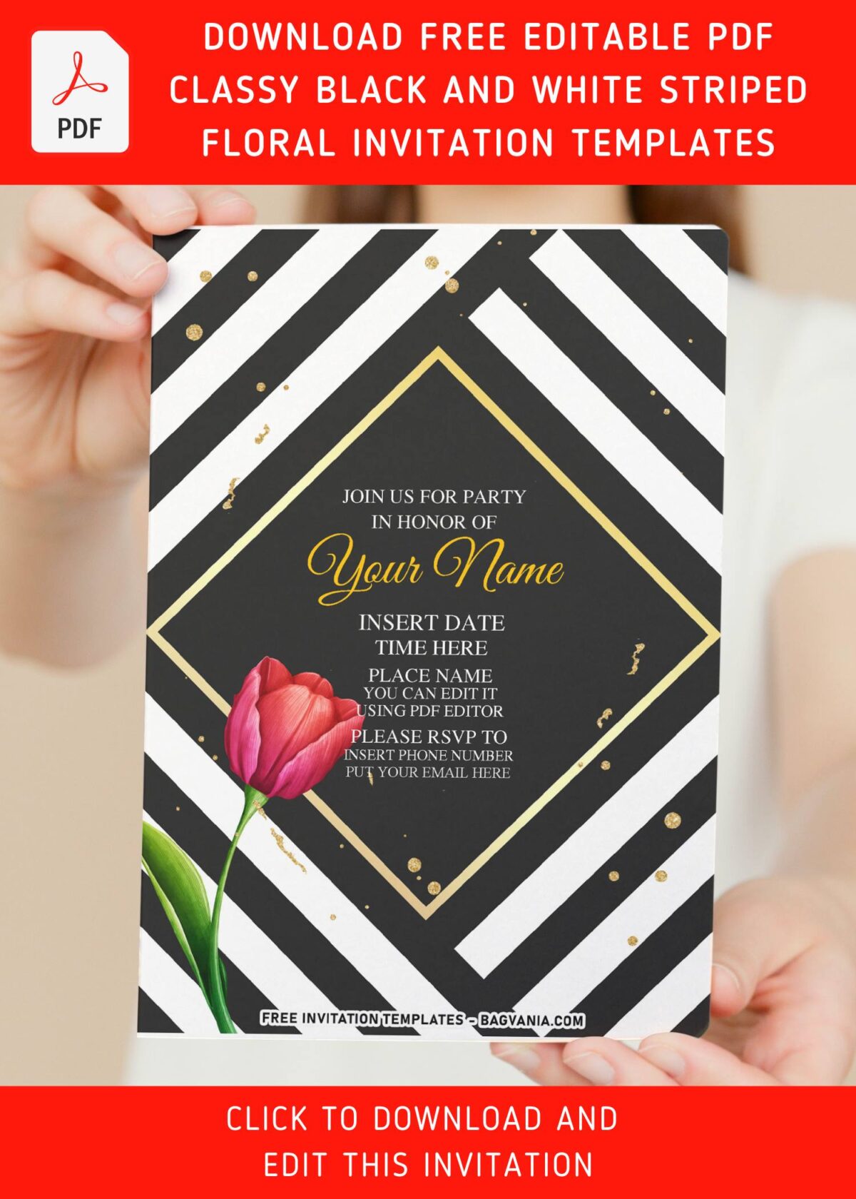 (Free Editable PDF) Classic Palette Black And White Floral Invitation Templates with editable text