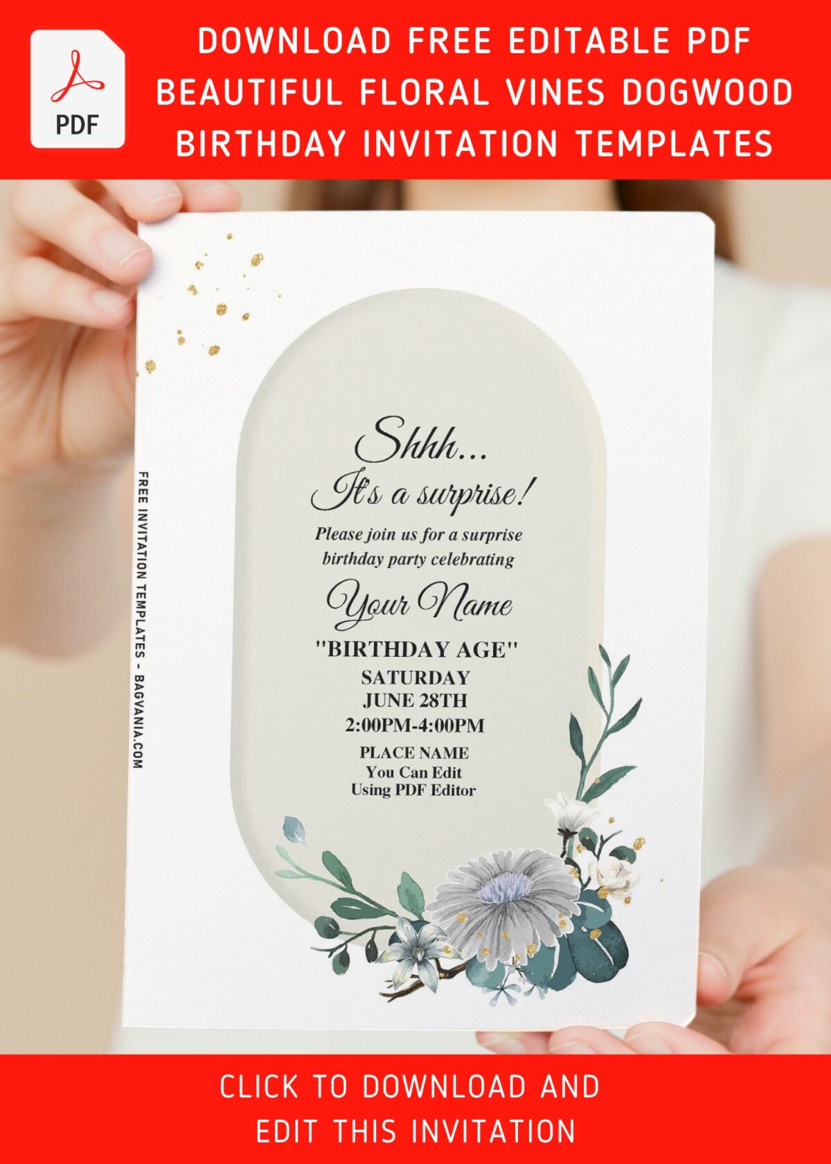 (Free Editable PDF) Cheerful Spring Dogwood And Floral Vines Birthday Invitation Templates with pristine white canvas like background