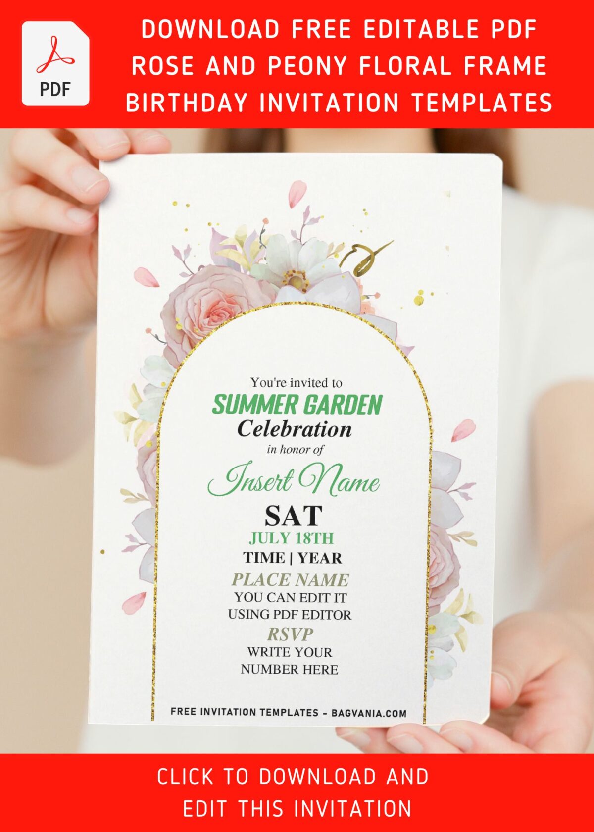 (Free Editable PDF) Shiny Floral Frame Peony And Rose Invitation Templates with stunning gold glitters