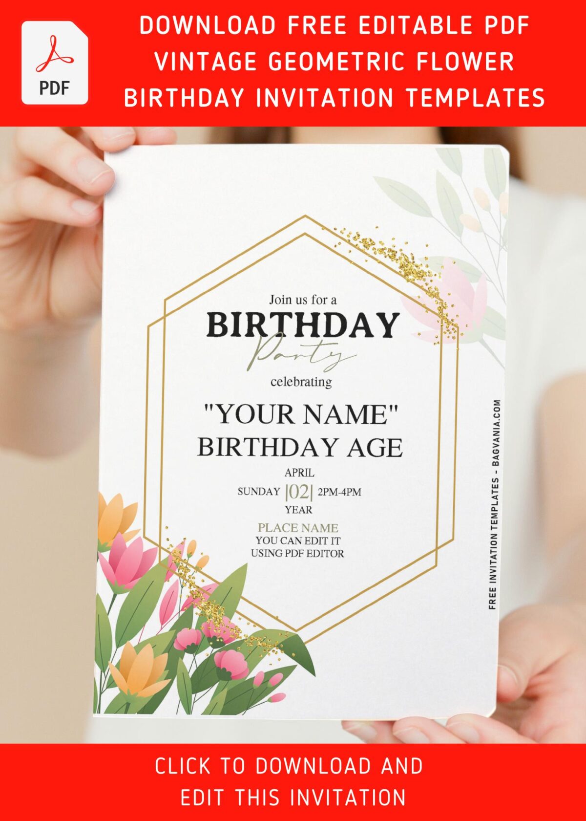 (Free Editable PDF) Geometric Gold And Floral Perfection Birthday Invitation Templates with elegant script
