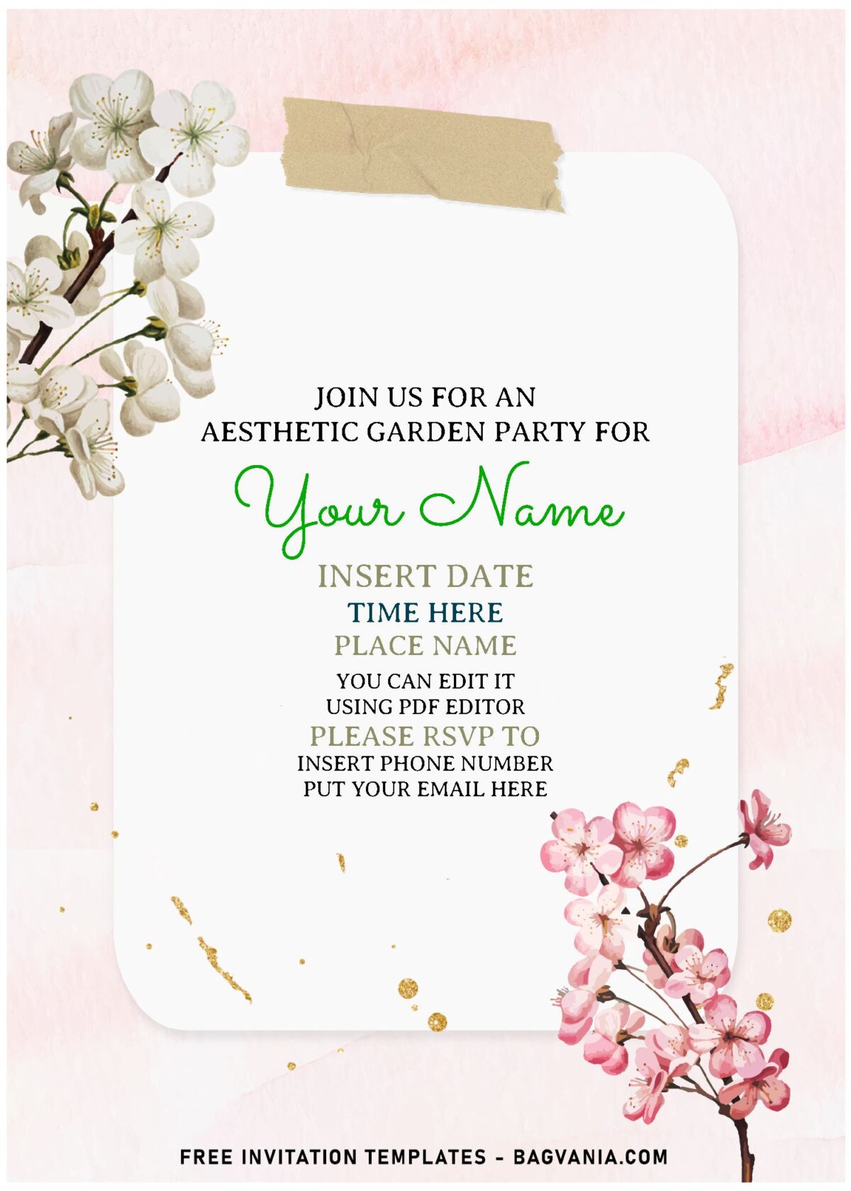 (Free Editable PDF) Elusive Modern Gold And Floral Sakura Invitation Templates with elegant script