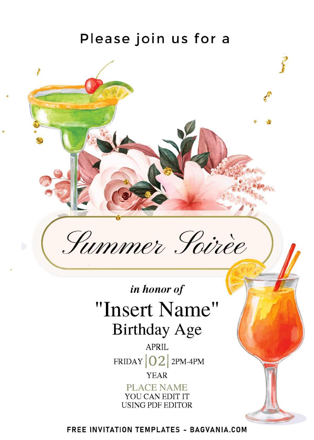 (Free Editable PDF) Fun Summer Soiree Invitation Templates That You Don't Want To Miss with watercolor cocktail drinks