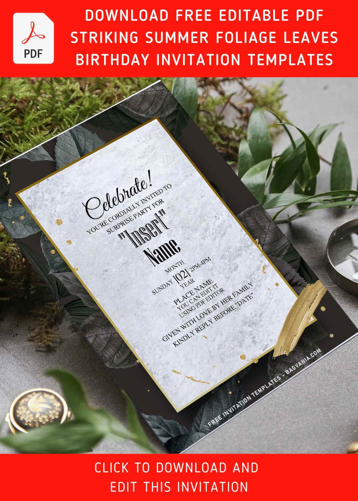 (Free Editable PDF) Glamorous Moody Summer Greenery & Floral Invitation Templates with sparkly glitter golds