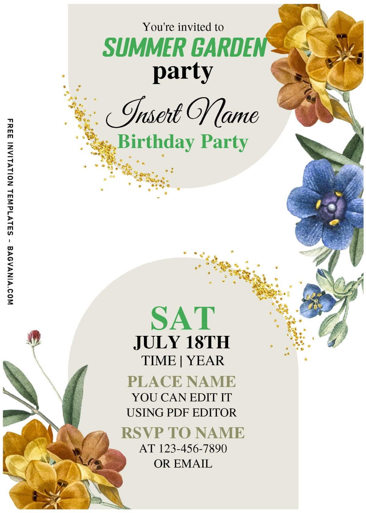 (Free Editable PDF) Lively Garden Soiree Birthday Invitation Templates with gorgeous glitter gold sparkles