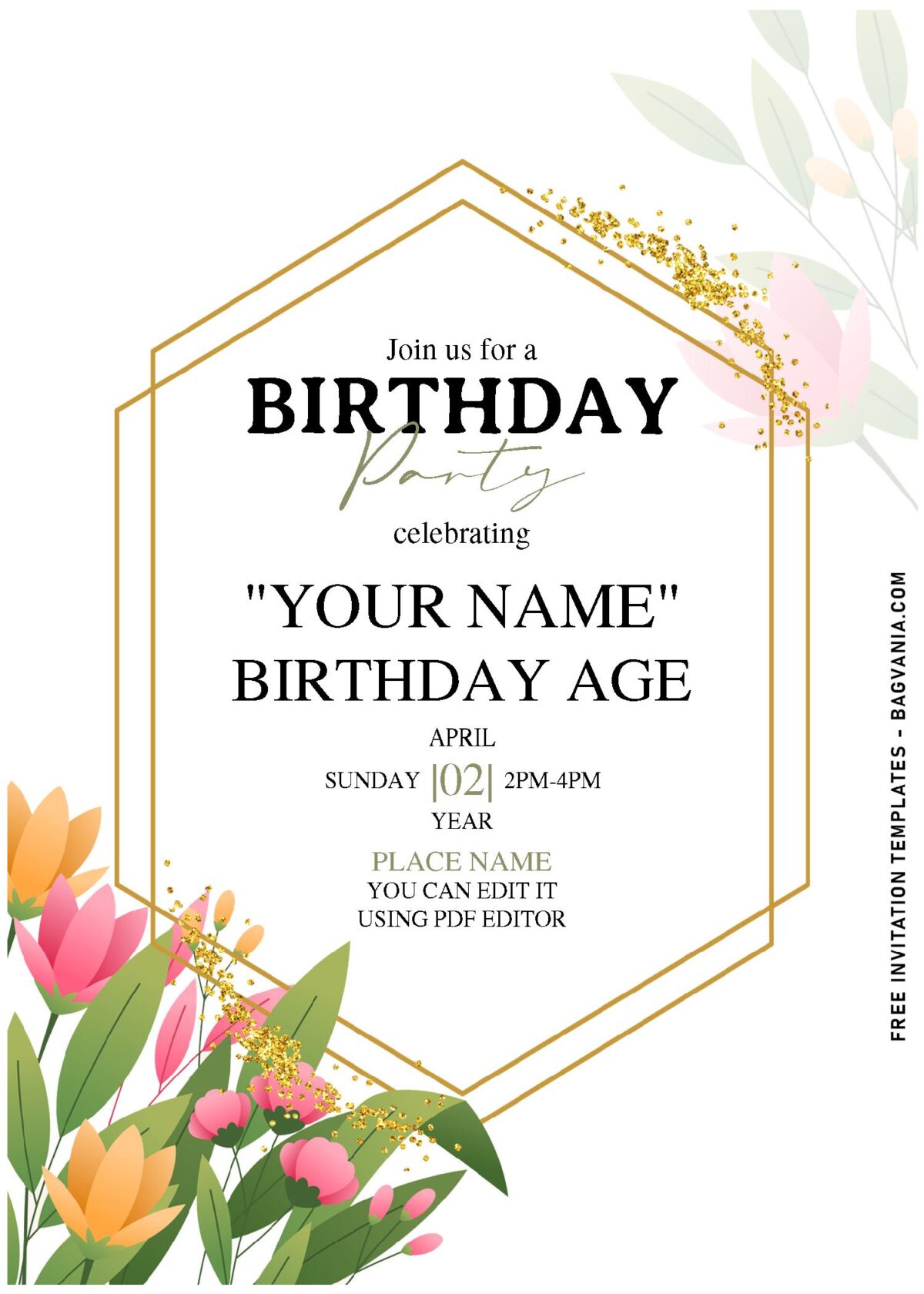 (Free Editable PDF) Geometric Gold And Floral Perfection Birthday Invitation Templates with beautiful hand drawn floral graphics