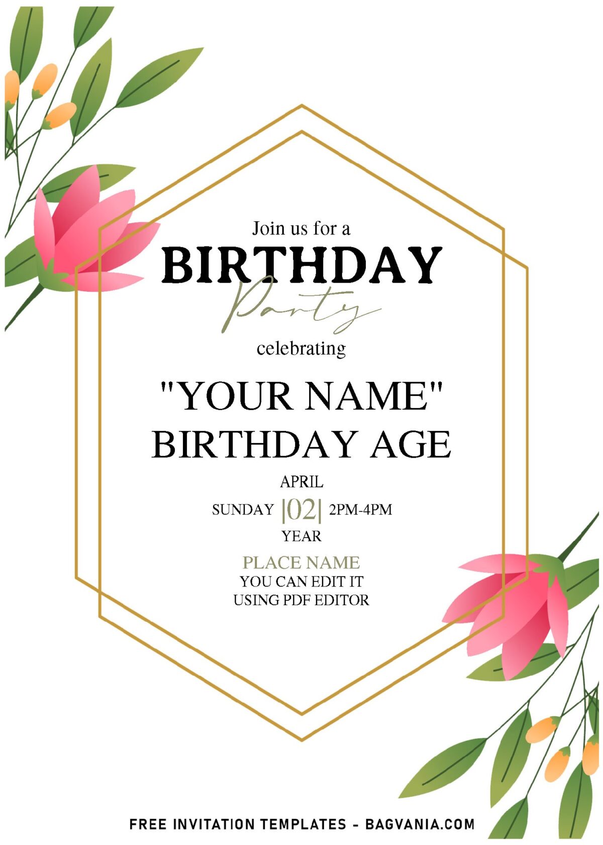 (Free Editable PDF) Geometric Gold And Floral Perfection Birthday Invitation Templates with simple white background