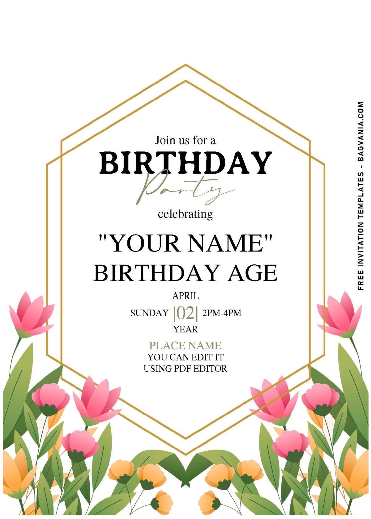 (Free Editable PDF) Geometric Gold And Floral Perfection Birthday Invitation Templates with elegant gold asymmetric frame