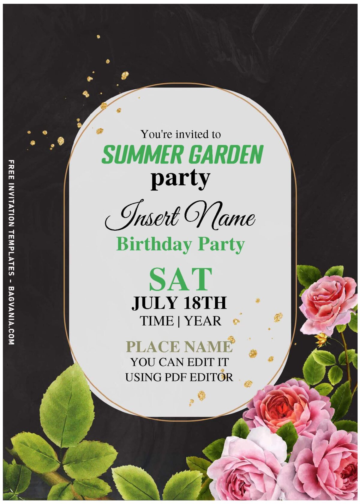(Free Editable PDF) Gleaming Gold And Delicate Pink Roses Birthday Invitation Templates with dark background