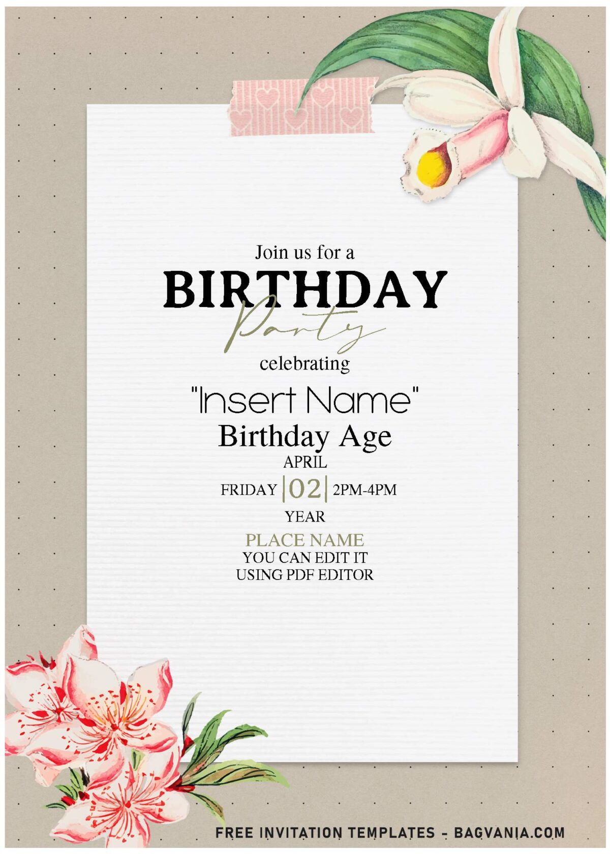 (Free Editable PDF) Dreamy Garden Lily And Tulip Birthday Invitation Templates with elegant script