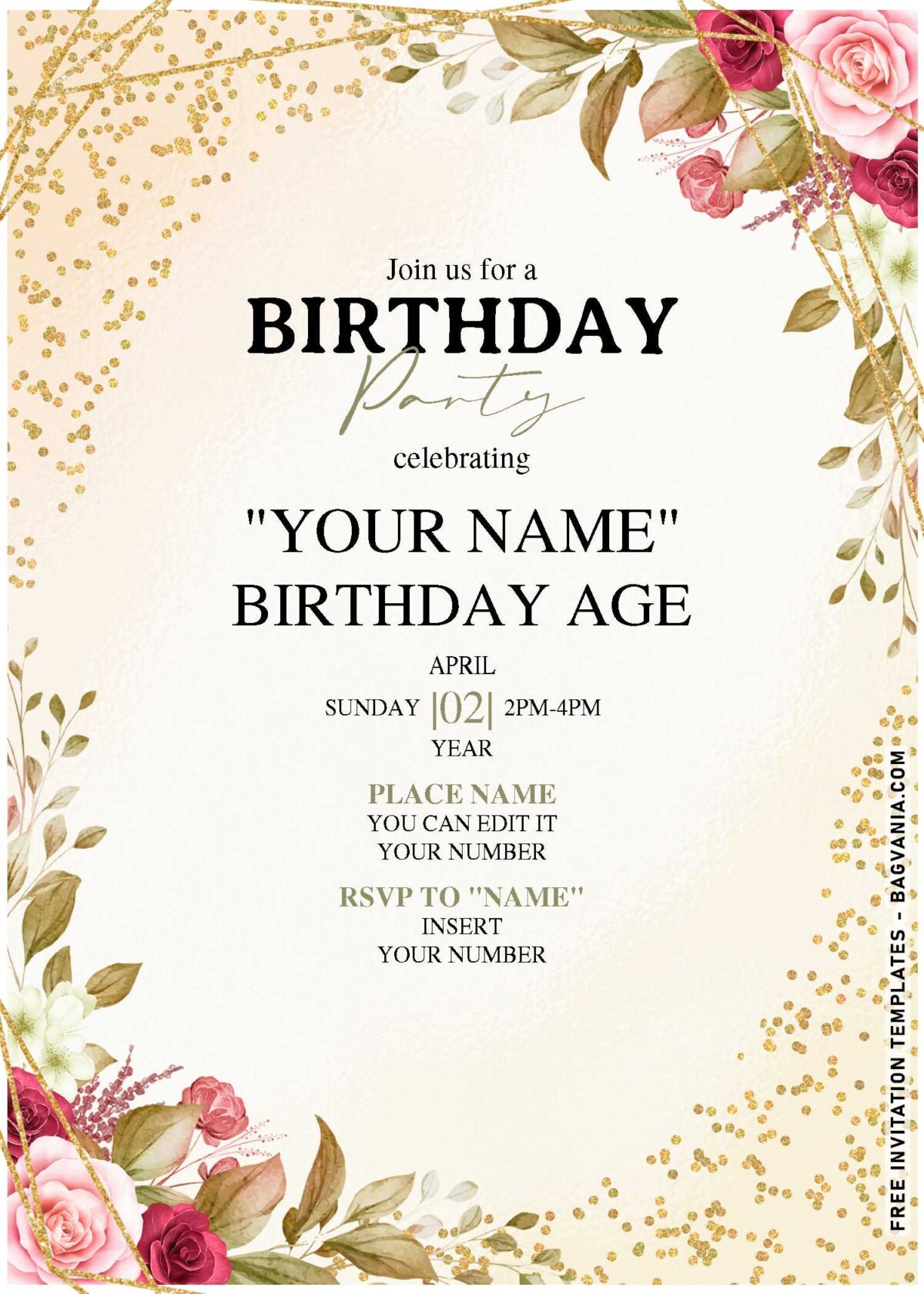 (Free Editable PDF) Champagne Gold Glitter Floral Birthday Invitation Templates with vintage design ideas