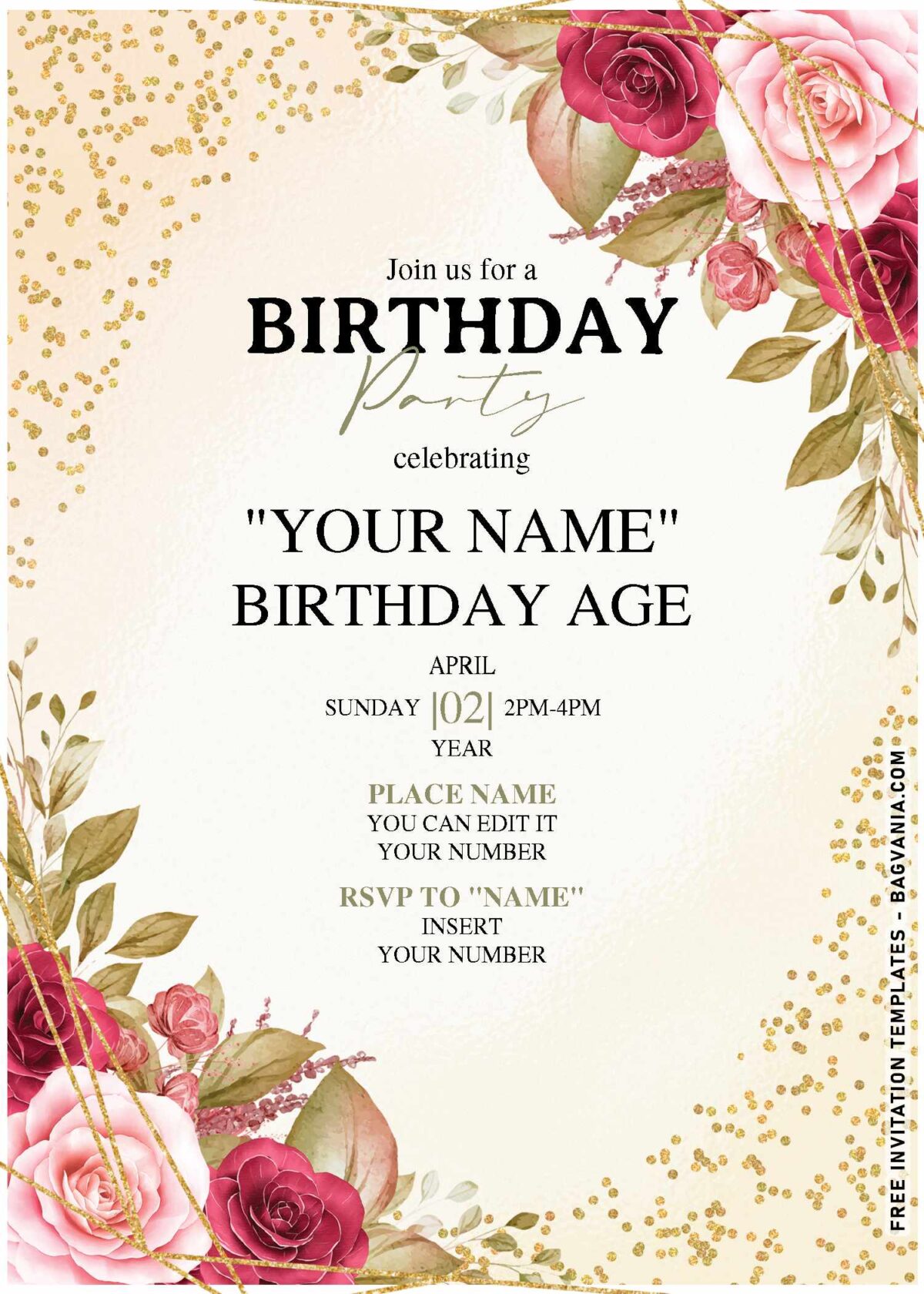 (Free Editable PDF) Champagne Gold Glitter Floral Birthday Invitation Templates with elegant and chic script