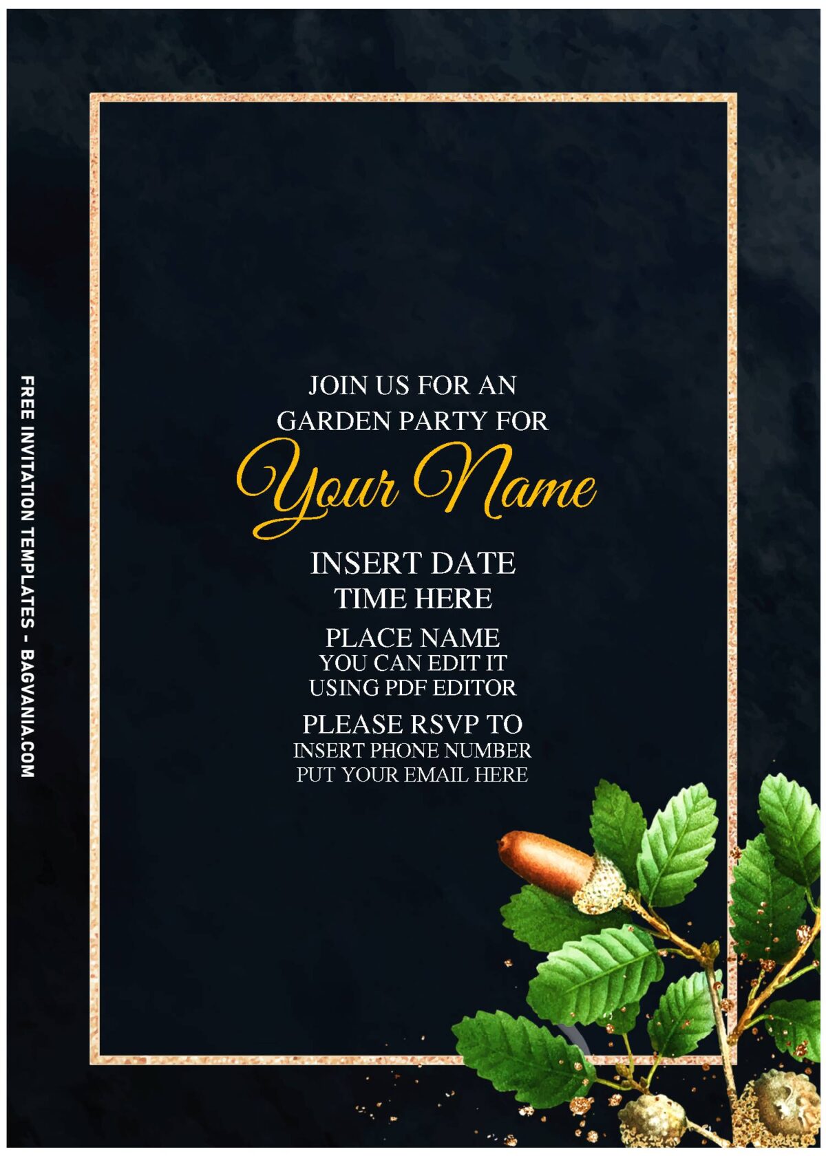 (Free Editable PDF) Moody Winter Gold & Oak Leaves Birthday Invitation Templates with elegant script