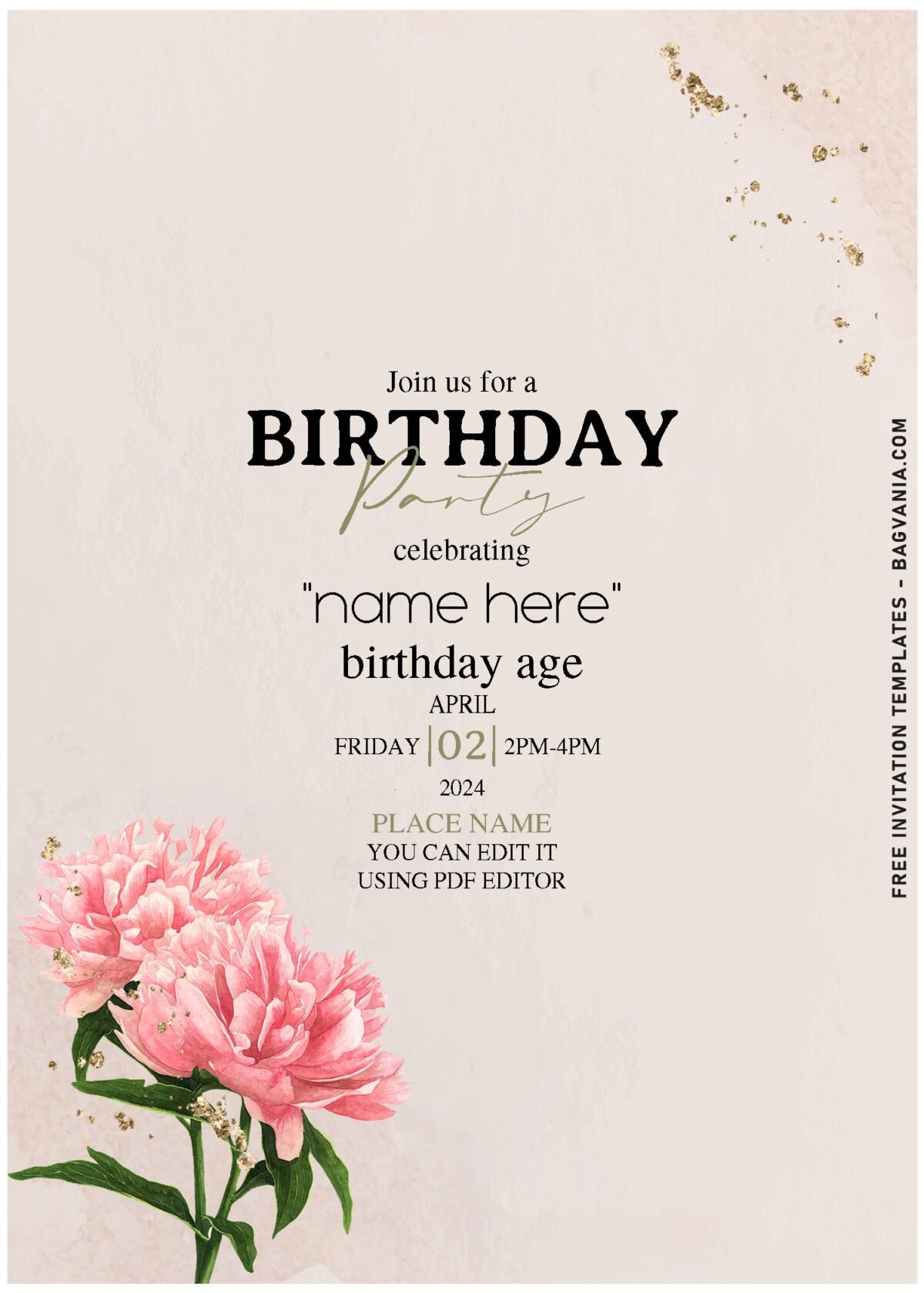 (Free Editable PDF) Minimalist Spring Rose And Peony Birthday Invitation Templates with watercolor blush peonies