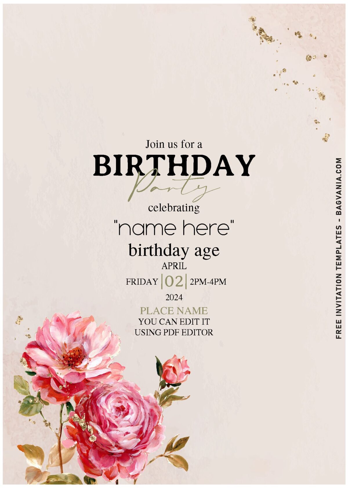 (Free Editable PDF) Minimalist Spring Rose And Peony Birthday Invitation Templates with rustic background