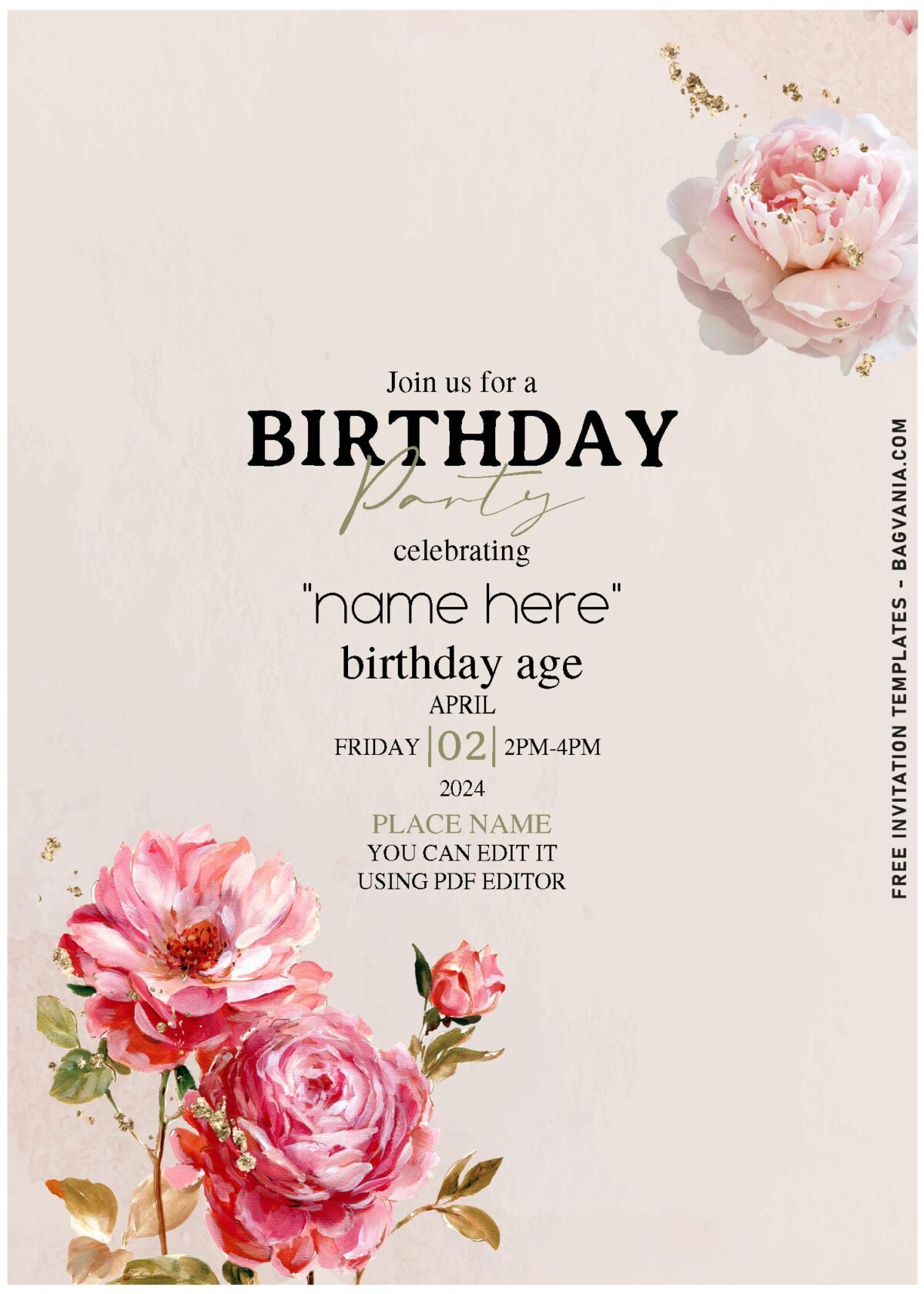 (Free Editable PDF) Minimalist Spring Rose And Peony Birthday Invitation Templates with elegant script