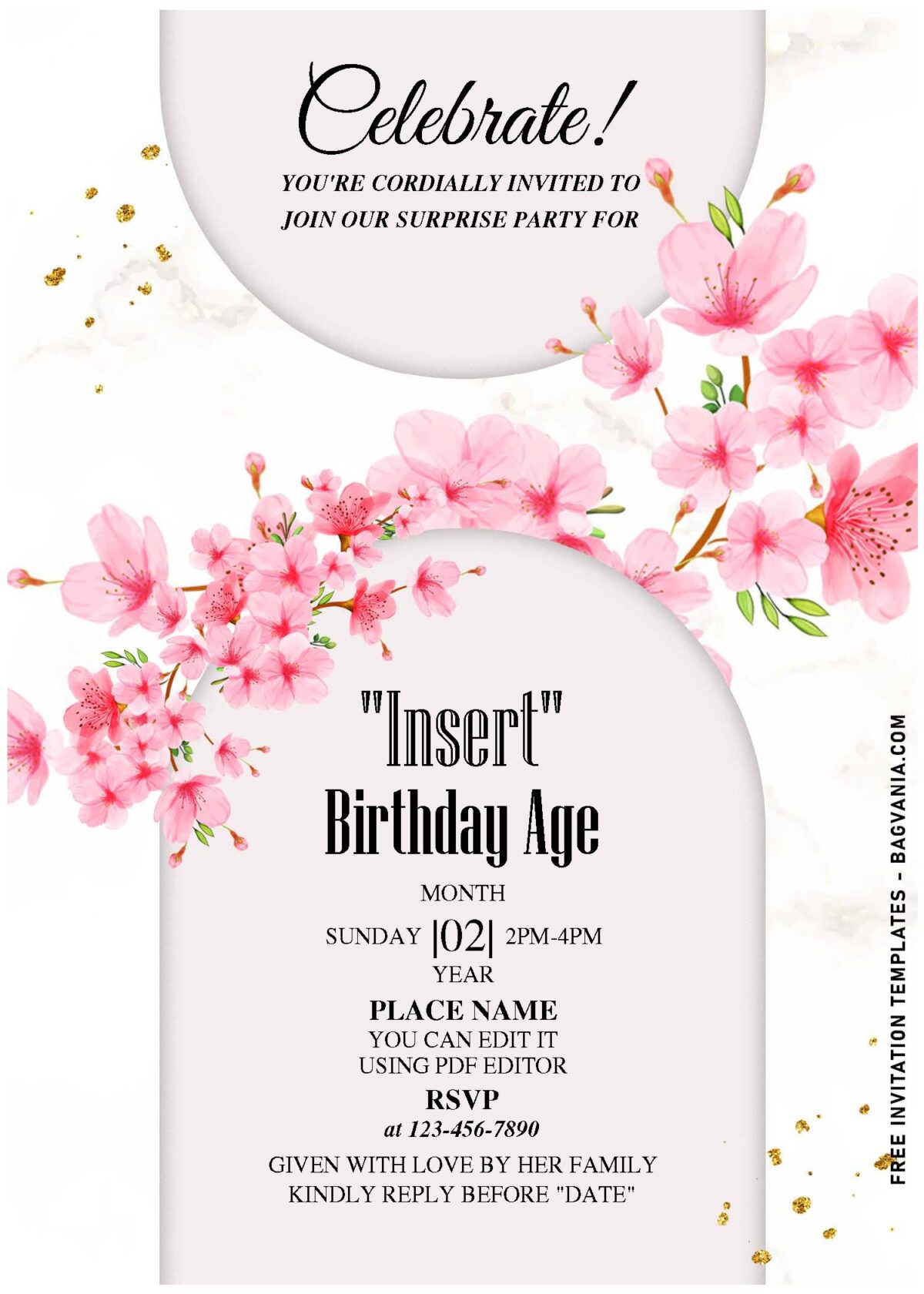 (Free Editable PDF) Picturesque Pink Japanese Sakura Birthday Invitation Templates with elegant white background